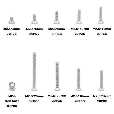 260 Piece Metric M2.5 Stainless Steel Phillips Flat Head Screws With Hex Nuts Assortment Kit for electronics, hobby use.