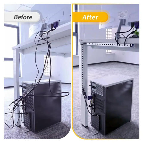 Before and after using Open Slot Cable Management Kit for Under Desk Setup 139 Inch Cable Raceway With Upgraded Snap Structure Cord Organizer