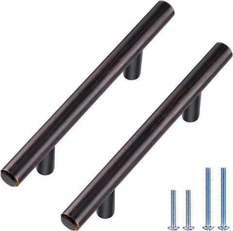 Two solid stainless steel cabinet handles with oil rubbed bronze finish, 5.38 inch length, 3 inch center to center, screws included.