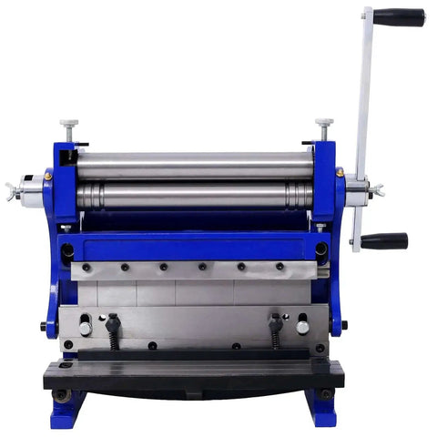 Front view of 3-In-1 Sheet Metal Brake 12-Inch Workhorse Combo Shear Brake Roll Machine For Pro Shops, 20-Gauge Capacity, Blue