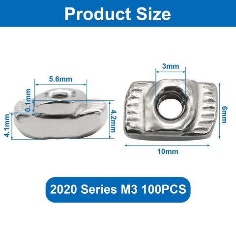 Diagram showing dimensions of 100 Pcs 2020 Series Sliding T Slot Nuts M3 Carbon Steel Fasteners for 20 Series Aluminum Profile
