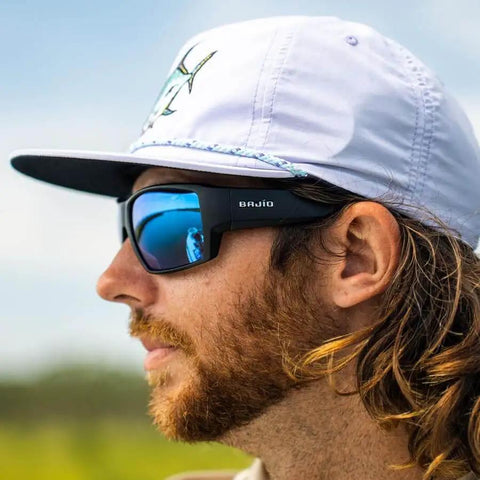 Side view of man wearing Vega Polarized Sunglasses with Green Mirror Glass Lenses and Brown Tortoise Matte Frame
