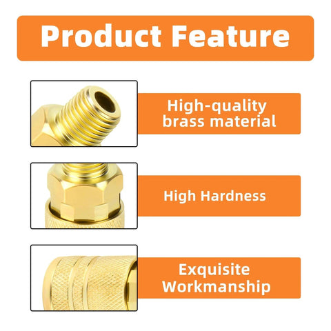 Product feature list highlighting high-quality brass material, high hardness, and exquisite workmanship of the air couplers.