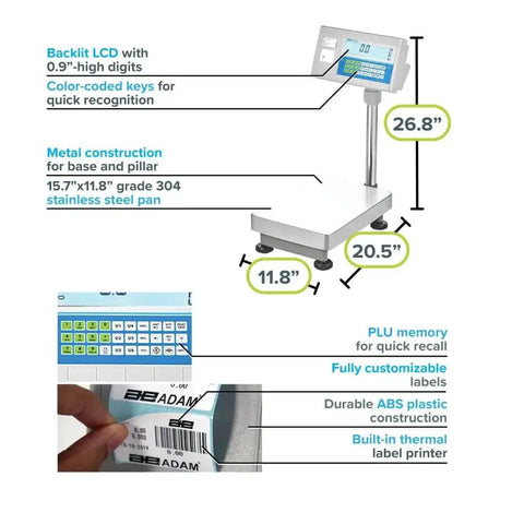 Advanced Label Printing Bench Scale with backlit LCD, metal base, stainless steel pan, and built-in thermal label printer.