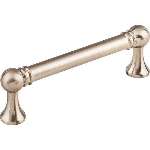 Brushed Satin Nickel cabinet handle from Kara Pull Serene Collection, 3-3/4 Inch center, zinc alloy, top knobs, sleek modern design.
