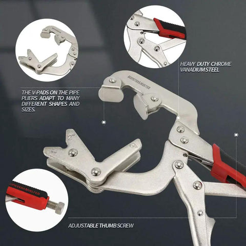 Heavy Duty Workhorse Welding Pipe Pliers Clamp with Fast Release C Clamp Locking, adjustable V jaw for 1-3 inch tubes