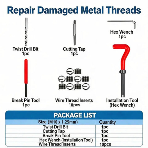 M10 X 1.25 Thread Repair Kit With Helicoil Inserts, includes drill bit, cutting tap, wire thread inserts, tools, for damaged threads.