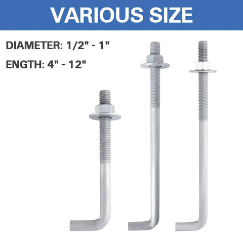 Concrete Anchor Bolts 3/4 In By 10 In L-Shaped Hot-Dip Galvanized 10 Pack With Nuts And USS Washers Carbon Steel Outdoor Masonry Fasteners