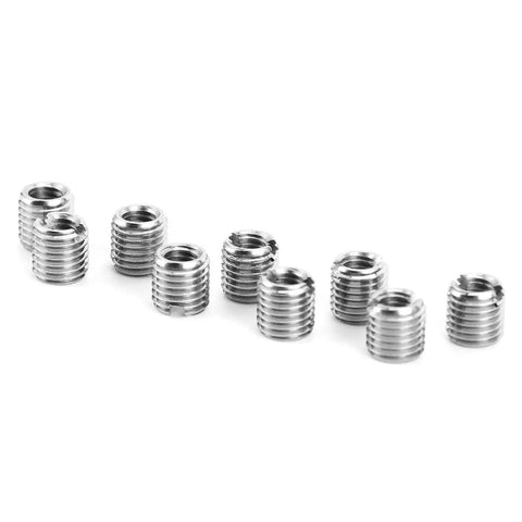10-piece set of silver metal threaded inserts, self-tapping, slotted, cylindrical