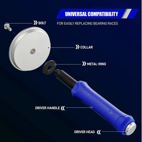 Bearing Race And Seal Driver Kit 12 Piece Universal Wheel Bearing Installer Tool, showing blue ergonomic handle and driver components.