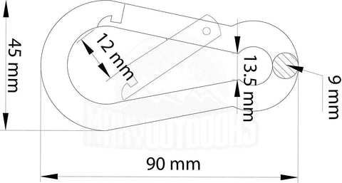 Technical drawing of Heavy Duty Carabiners 660Lb Per Clip 2 Pack Anti Rust Zinc Galvanized with dimensions 90mm x 45mm.