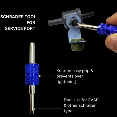 Evap Service Port Connector Kit For Automotive Smoke Machines, 3 Piece Set showing Schrader tool and nozzle adapter