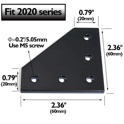 Ten Pack 60x60x4mm L Shaped Corner Bracket Plate For 20x20mm Aluminum Extrusion 5 Hole 90 Degree Outside Joining Plate Anodized Black