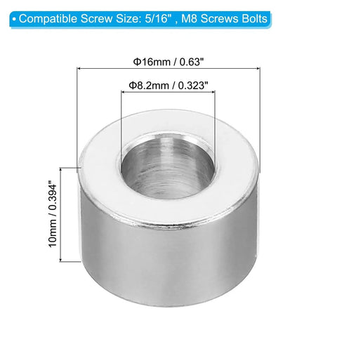 Heavy Duty M8 Aluminum Spacers Set Five Pieces 8.2mm ID 16mm OD 10mm Thick Standoff For Five Sixteenths Inch Or M8 Screws Garage Grade Durable Silver Aluminum Spacers For Automotive And DIY Projects shown with dimensions