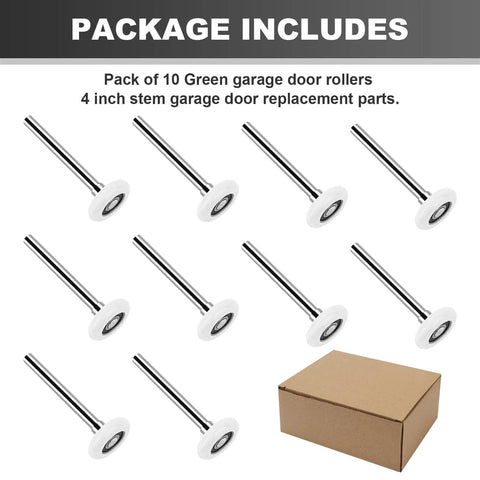 Nylon Garage Door Roller Bearings Set, 2 Inch Wheel, Sealed Quiet, 4 Inch Stem, White, Pack Of 10, 6200ZZ Compatible shown with box