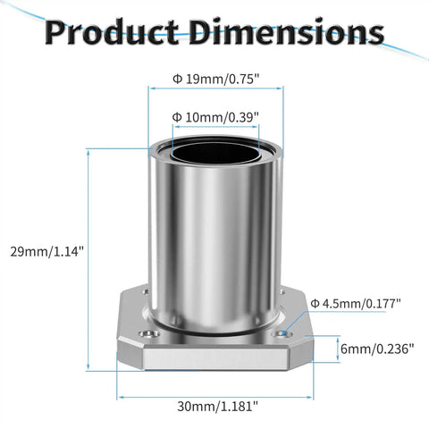 4 Pack LMK10UU Square Flange Linear Ball Bearing Set With Double Seal, 10mm ID, showing dimensions 19mm OD, 29mm Length