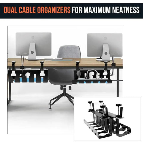 Two Pack 15.75 Inch Under Desk Cable Management Tray Set installed with cords, heavy duty organizer for cluttered desks, wire basket view