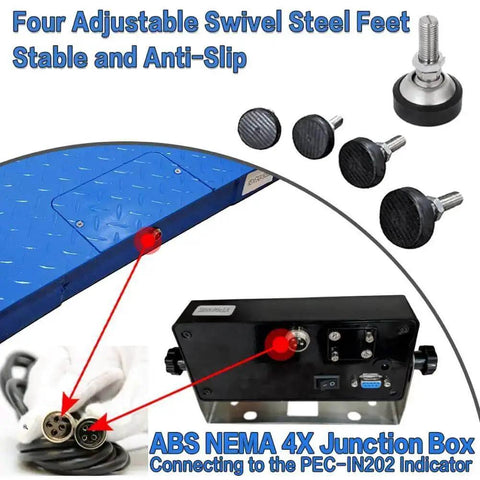 Heavy Duty Industrial Floor Scale 48 By 48 Inches, 5000 Lb Capacity, NTEP Approved, details of junction box and swivel feet.