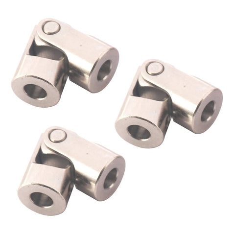 Three silver metal universal U-joint steering shaft couplers, 3mm to 3mm, for RC cars and robots.