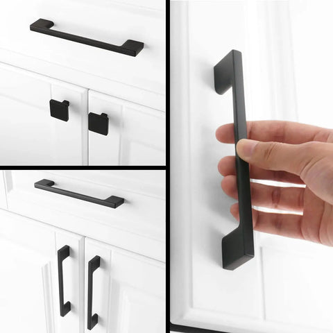 Wide Foot Cabinet Bar Pull In Matte Black 5 Inch 128mm Screw Spacing Solid Metal Hardware, installed on white cabinets