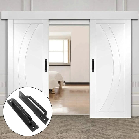 2 Pack Sliding Barn Door Handle Durable 5.9 Inch Aluminum Alloy Pull For Barn Door Gate Cabinet Closet Drawer Garage Shed Black Finish With 4 Mounting Screws Included installed on white barn doors