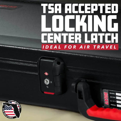 Close-up of TSA locking latch on molded flight case for SG style double cutaway guitars with ergonomic red handle