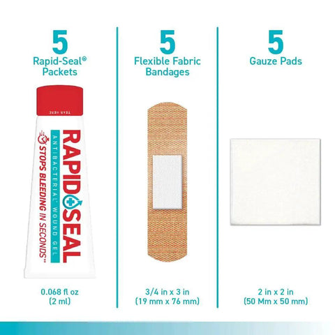 Quick Bleed Control Hemostatic First Aid Kit For Wound Care With 15 Pieces product with Rapid Seal gel, bandage, gauze pads.