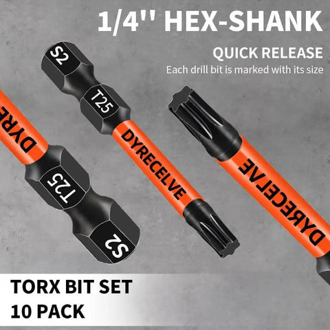 10 Pack T25 Torx Bits For Impact Driver, 2 Inch Magnetic Torx Star Bit Set With CNC Machined Tips, S2 Alloy Steel shown with markings