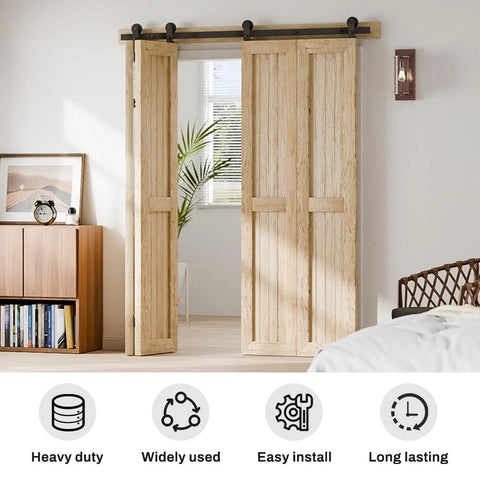 Installed 72 Inch Bi Fold Barn Door Hardware Kit For Four Doors With Top Mount Hangers, seamlessly dividing living space.
