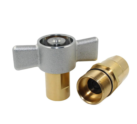 Hydraulic quick disconnect set, two-piece, 3/4 in NPT with brass fittings and silver wing-nut handle