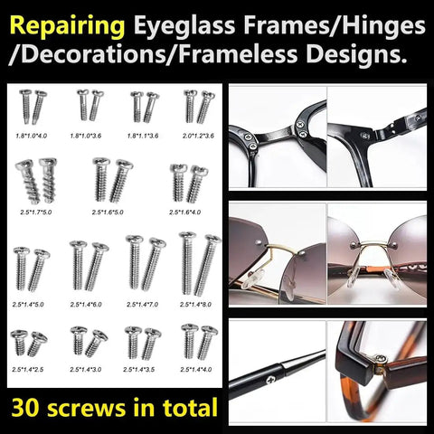 Must Have Eyeglass Repair Kit With S2 Steel Precision Screwdriver And 15 Screw Sizes For Quick At Home Fixes, showing screw variety.