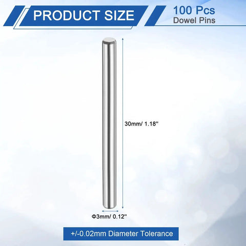 100 Pieces 3mm By 30mm Dowel Pins Beefy Bearing Steel Cylindrical Shelf Support Pins With Plus Minus 0.02mm Tolerance Pro Grade