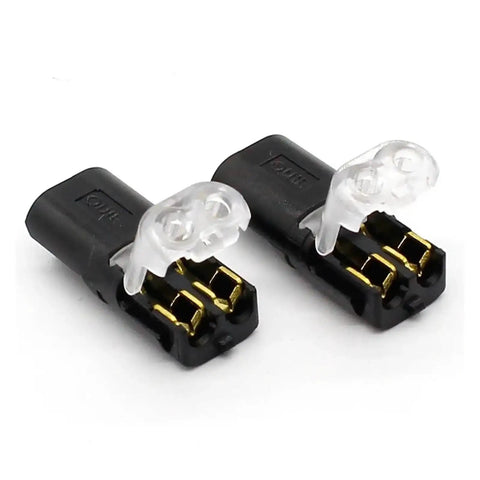 10 Pack 2 Way Spring Wire Connectors No Solder No Screws Quick Cable Clamp Terminal Blocks for 18-24 AWG Wire, 300V, 10A, close-up view.