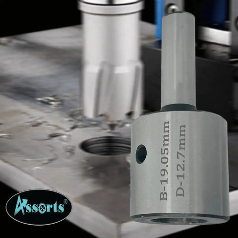 Half Inch Shank Tool Steel Holder With Lock Screw For 19 mm Rota Broaches, shown during use on a drill press.