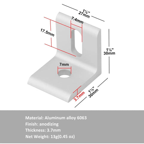 Diagram of Slotted Inside Corner Braces For 3030 Aluminum Extrusion, Twelve Pack, showing dimensions and material details.