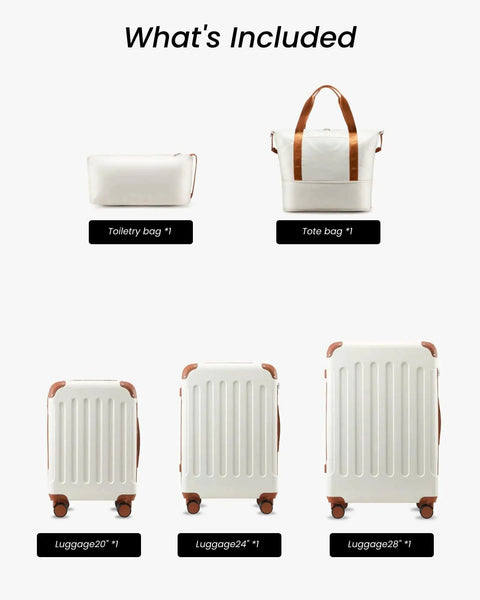 Five Piece Hardside Luggage Set With Spinner Wheels TSA Approved White And Brown Travel Suitcases and Bags Included