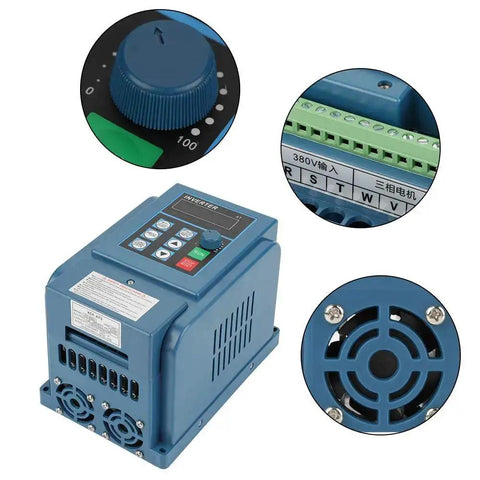 380V 4kW Three Phase VFD Inverter with PWM control, showing front panel, wiring terminals, and fan, for rugged industrial use