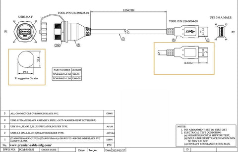 Technical drawing of Rugged IP67 USB 3.0 A Male To Female Bulkhead Panel Mount Extension Cable 0.3M Waterproof Cap 5Gbps