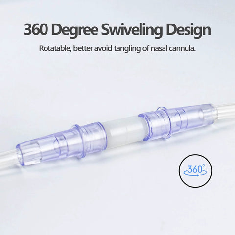 Oxygen tubing swivel connector, 5-pack, translucent purple connectors on clear tubing with 360° swivel design