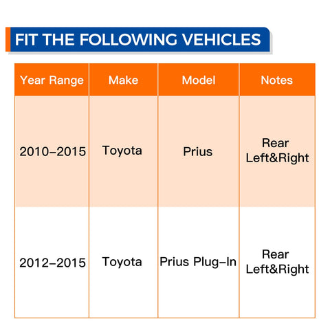 Fitment chart for Rear Wheel Bearing And Hub Assembly 512505 For Toyota Prius 2010-2015 and Prius Plug-In 2012-2015
