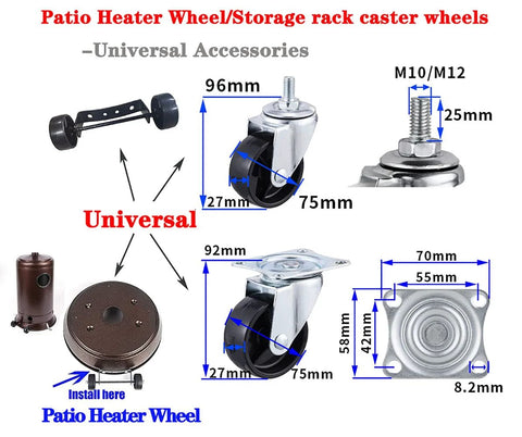 Patio heater caster wheels (3-inch) with mounting bolt and bracket for universal mobility and easy relocation