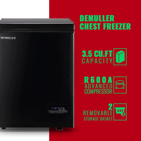 Front view of 3.5 Cu Ft Chest Freezer with Temperature Display and Removable Basket, showing digital control panel and features.