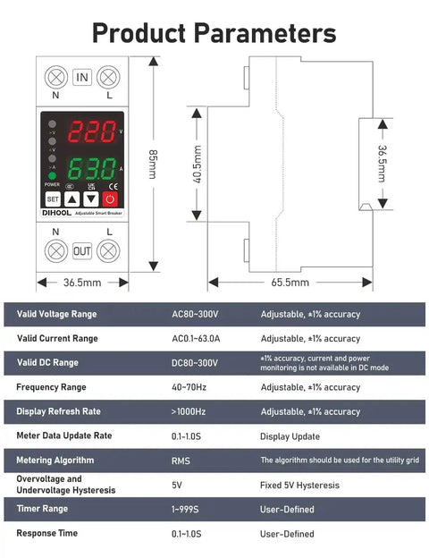 Smart Circuit Breaker With Adjustable Voltage Protection 70-200V Low Cutoff, 140-300V High Cutoff, 1-63A Overcurrent Protector dimensions