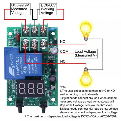 A30-U1 DC 0 To 99.9V Voltage Guard Controller Board with relay, voltage inputs, and LED screen, showing labeled terminals and connections.