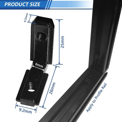 Close-up of black L-shaped bracket dimensions for 20 Piece Black 2020 Aluminum Extrusion Corner Bracket Set for 20x20 series 6mm slot profiles.