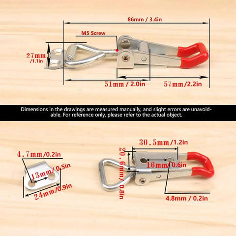 Diagrams of Two-Piece Quick Release Toggle Clamp Set 12130 Vertical Hold-Down Clamps, 500 Lbs Holding Capacity, Adjustable dimensions.