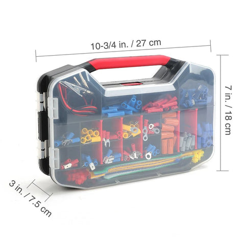 WorkPro 582-piece electrical repair kit in clear case; crimp terminals, wire connectors, heat shrink, cutter/stripper
