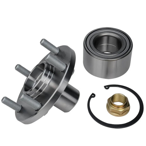 Beefed Up Front Wheel Bearing Hub Replacement Kit For 1992 Through 2003 Toyota Camry Sienna Solara Lexus ES300 RX300 And 1999 Through 2004 Avalon FWD Five Lug Hubs shown with components