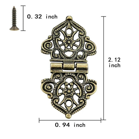 Antique Bronze Engraved Hinge Set 20 Pieces Hollow Carved Design for Jewelry Boxes with screw, dimensions shown