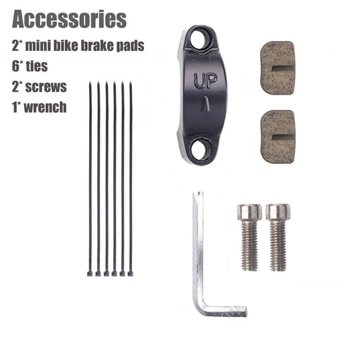 Mini bike brake accessory kit with 2 black brake pads, 6 zip ties, 2 screws, and 1 Allen wrench.